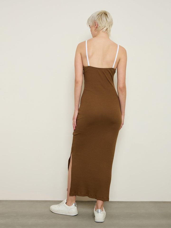Women Tan Rib Contrast Piping Detail Strappy Maxi Dress