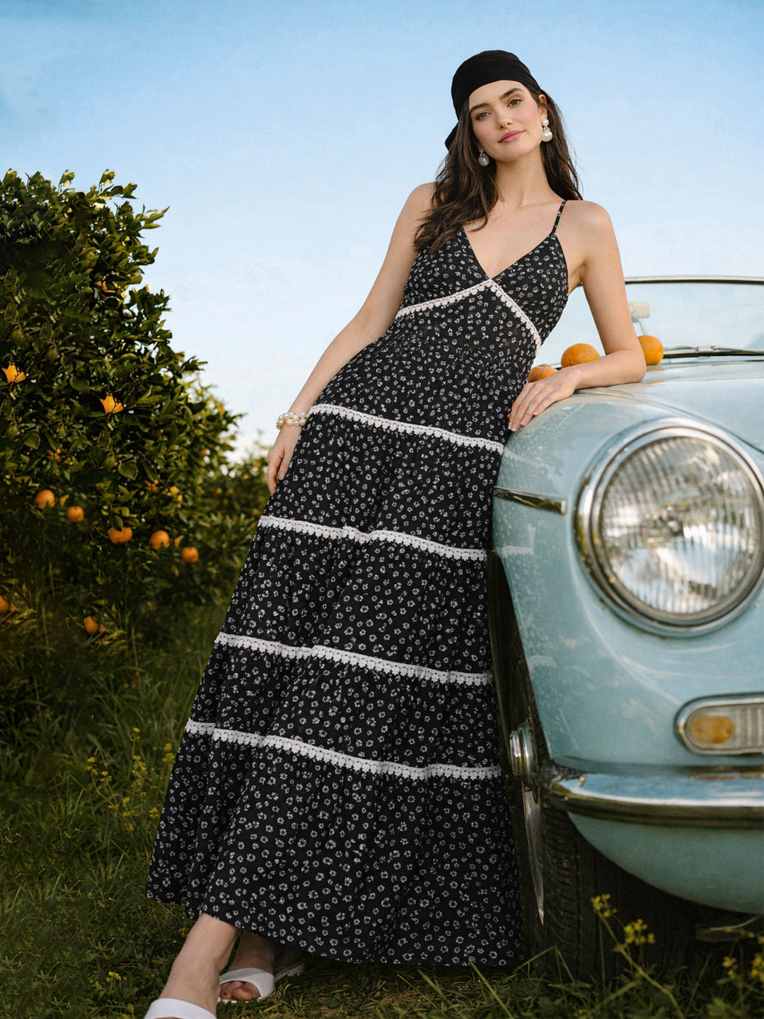 Women Black Ditsy Floral Strappy Tiered Maxi Dress