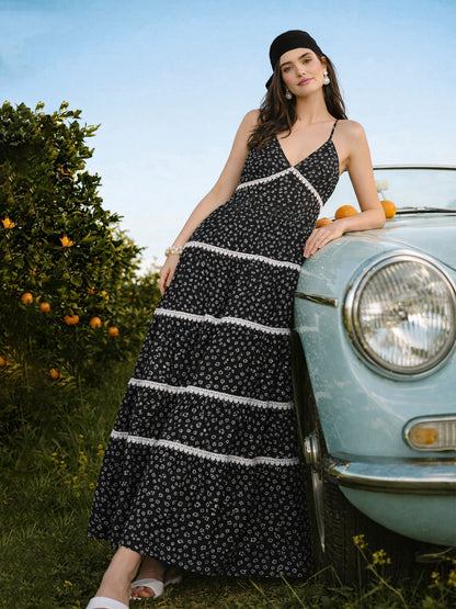 Women Black Ditsy Floral Strappy Tiered Maxi Dress