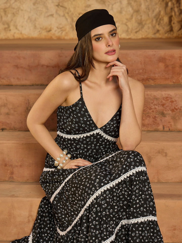 Women Black Ditsy Floral Strappy Tiered Maxi Dress