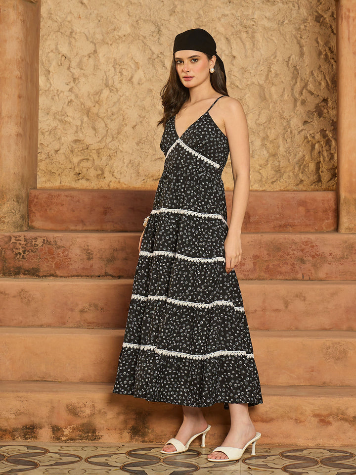 Women Black Ditsy Floral Strappy Tiered Maxi Dress