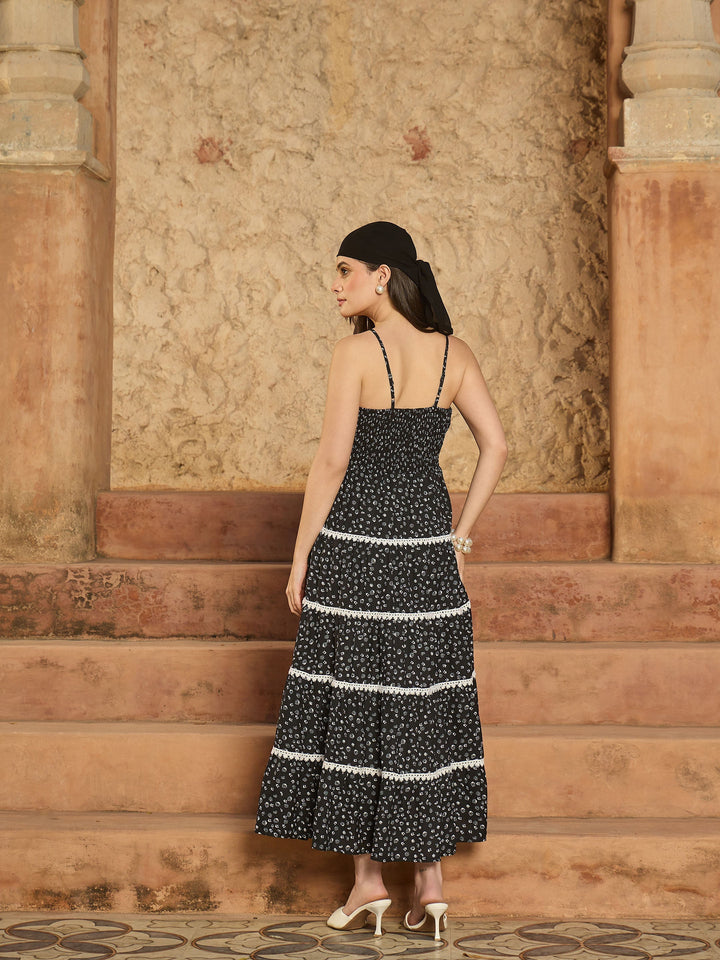 Women Black Ditsy Floral Strappy Tiered Maxi Dress