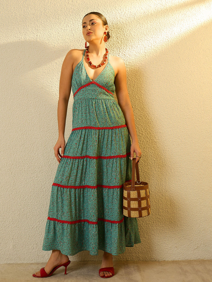Women Turquoise Blue Ditsy Floral Strappy Tiered Maxi Dress