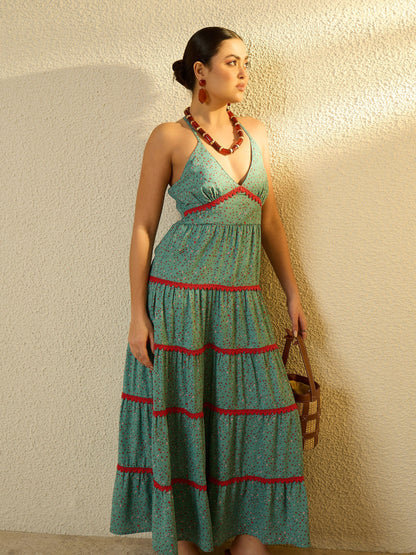 Women Turquoise Blue Ditsy Floral Strappy Tiered Maxi Dress