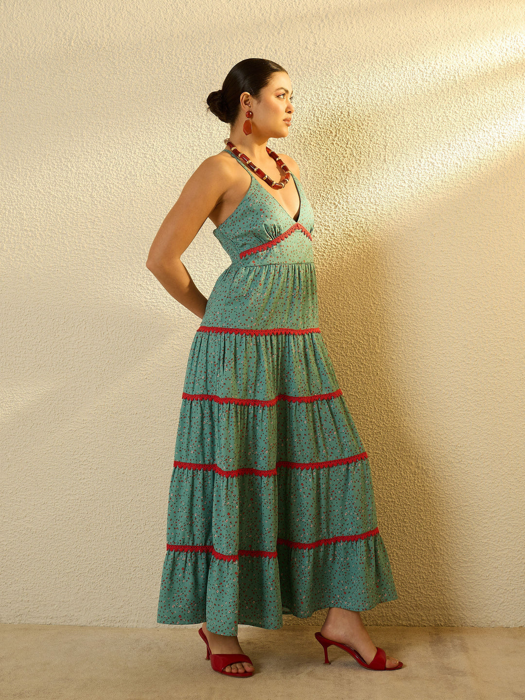Women Turquoise Blue Ditsy Floral Strappy Tiered Maxi Dress