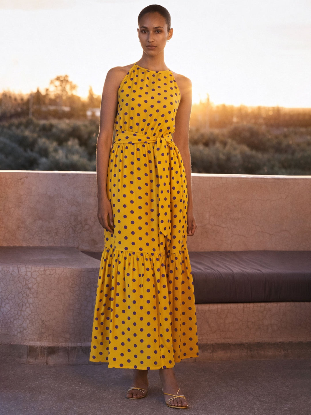 Women Yellow With Purple Polka Dot Sleeveless Tiered Maxi Dress
