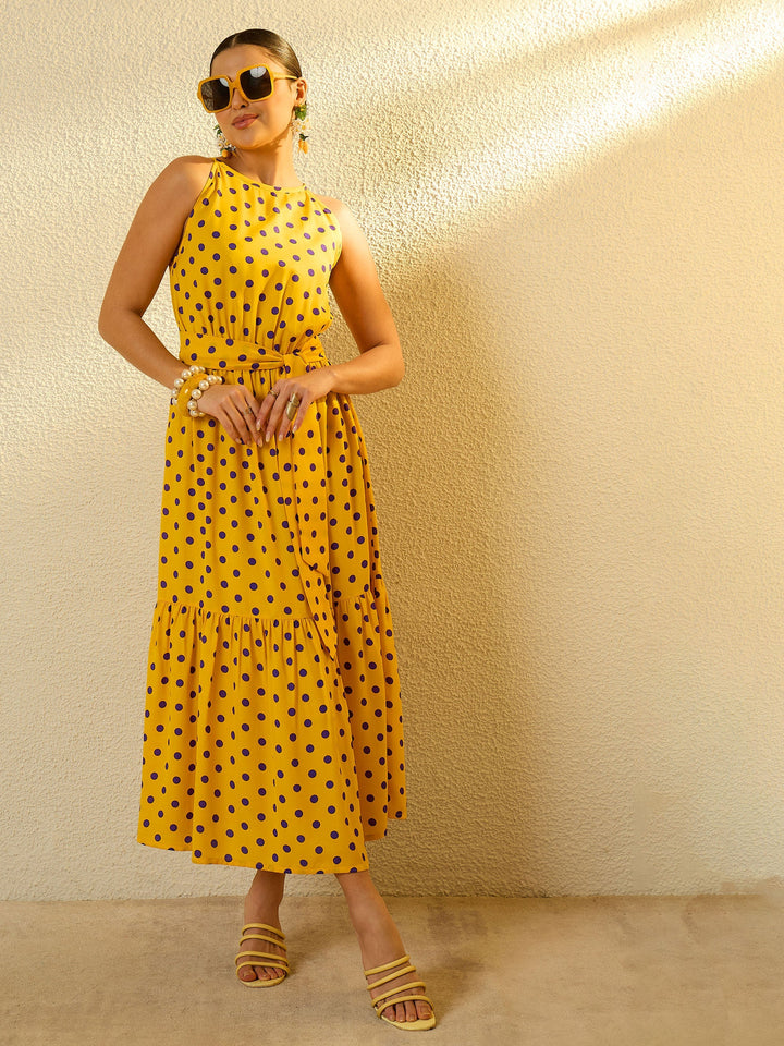 Women Yellow With Purple Polka Dot Sleeveless Tiered Maxi Dress