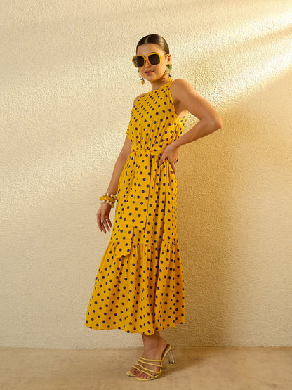 Women Yellow With Purple Polka Dot Sleeveless Tiered Maxi Dress