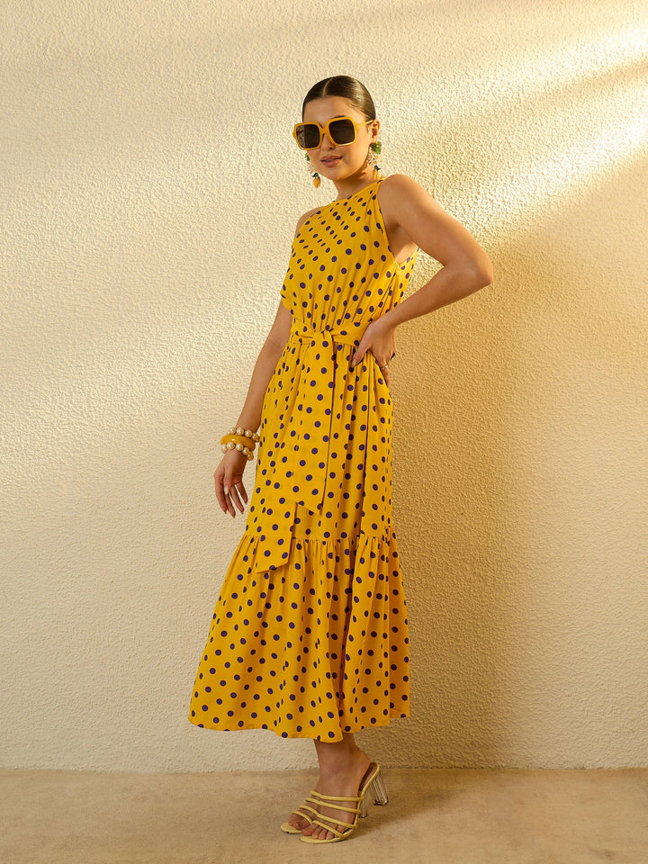 Women Yellow With Purple Polka Dot Sleeveless Tiered Maxi Dress