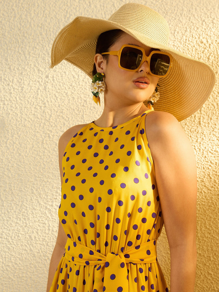 Women Yellow With Purple Polka Dot Sleeveless Tiered Maxi Dress
