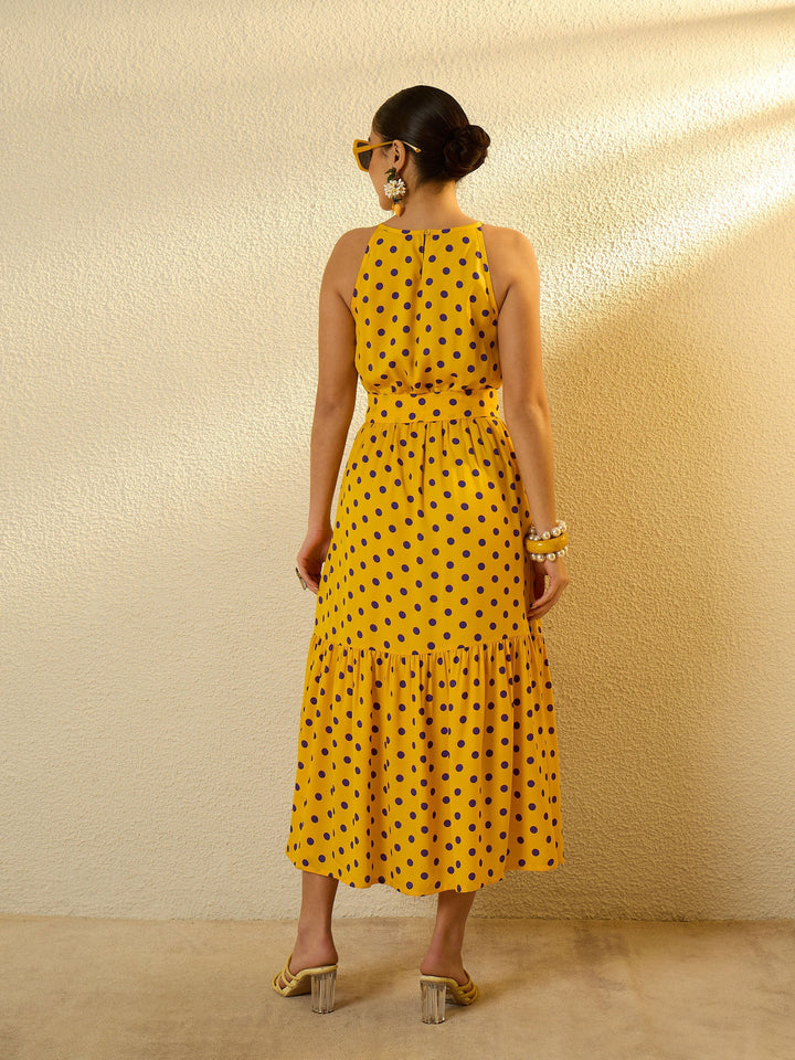Women Yellow With Purple Polka Dot Sleeveless Tiered Maxi Dress