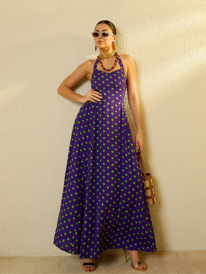 Women Purple With Green Polka Dot Halter Neck Maxi Dress
