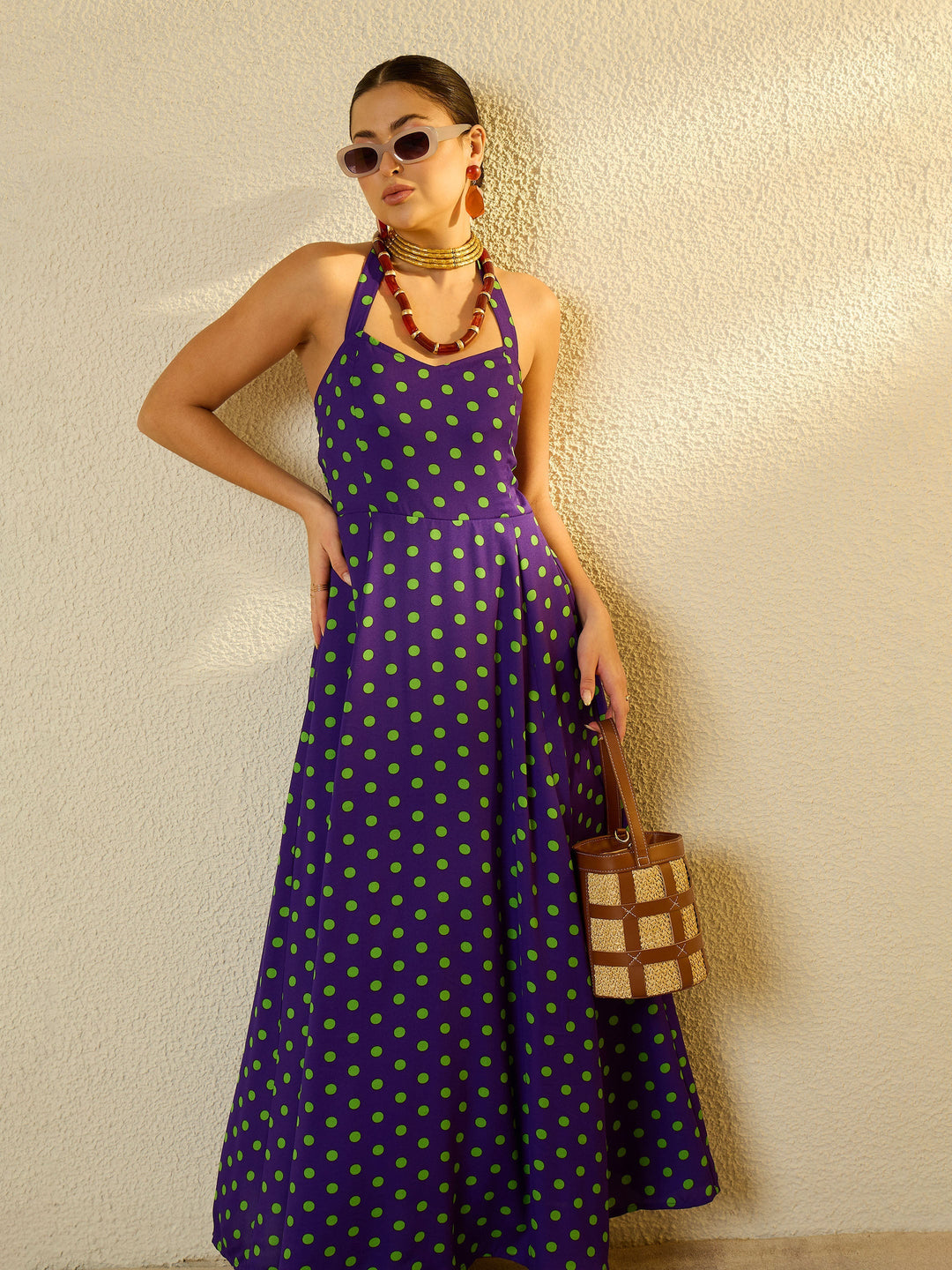 Women Purple With Green Polka Dot Halter Neck Maxi Dress