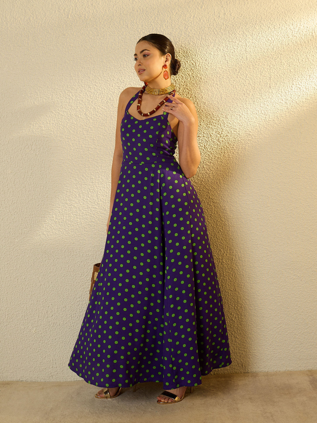 Women Purple With Green Polka Dot Halter Neck Maxi Dress