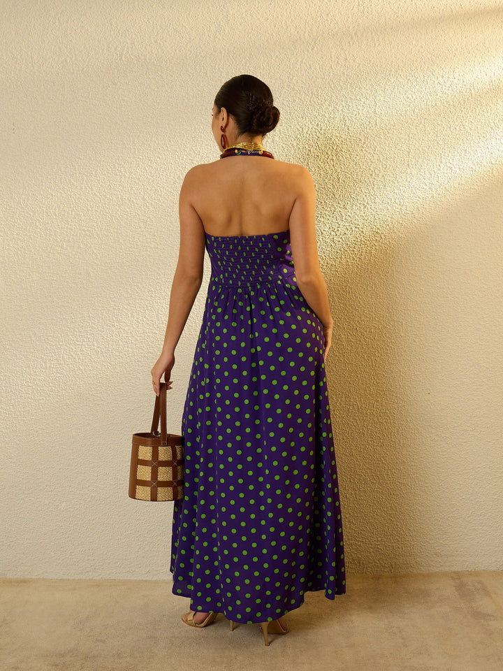 Women Purple With Green Polka Dot Halter Neck Maxi Dress