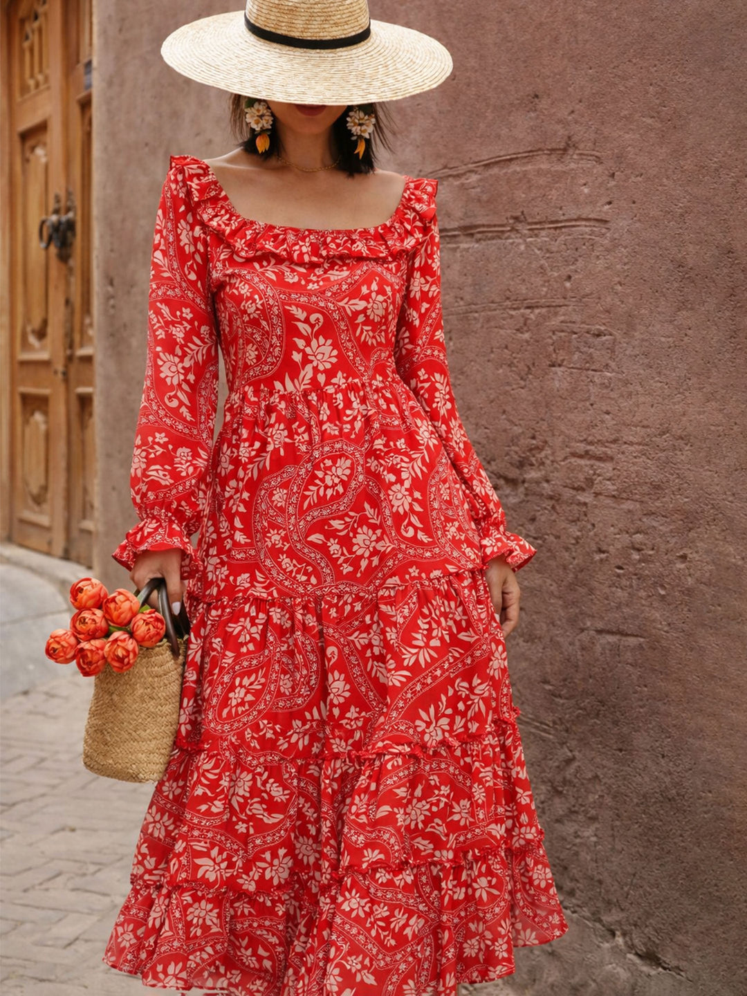 Women Orange Floral Square Neck Midi Dress