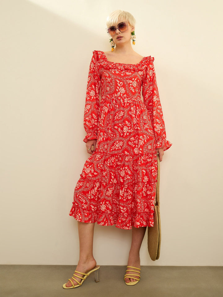 Women Orange Floral Square Neck Midi Dress