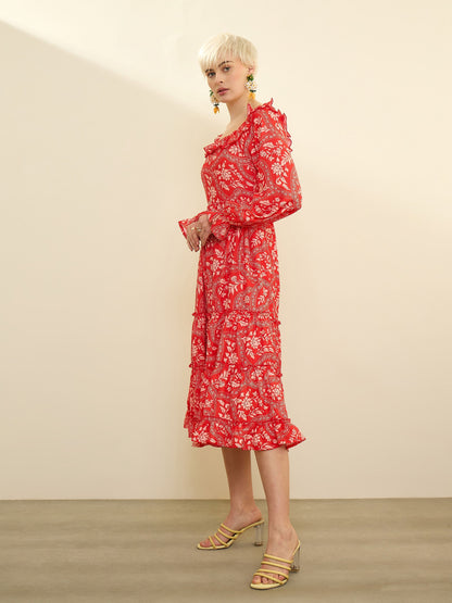 Women Orange Floral Square Neck Midi Dress
