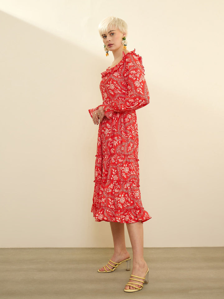 Women Orange Floral Square Neck Midi Dress