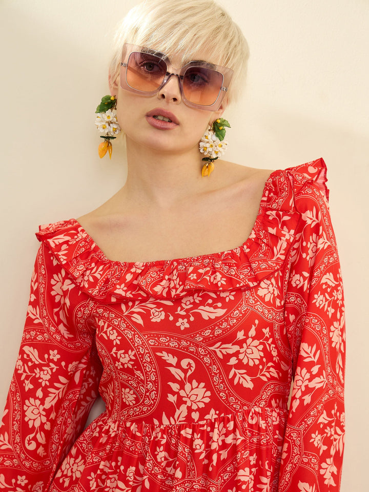 Women Orange Floral Square Neck Midi Dress