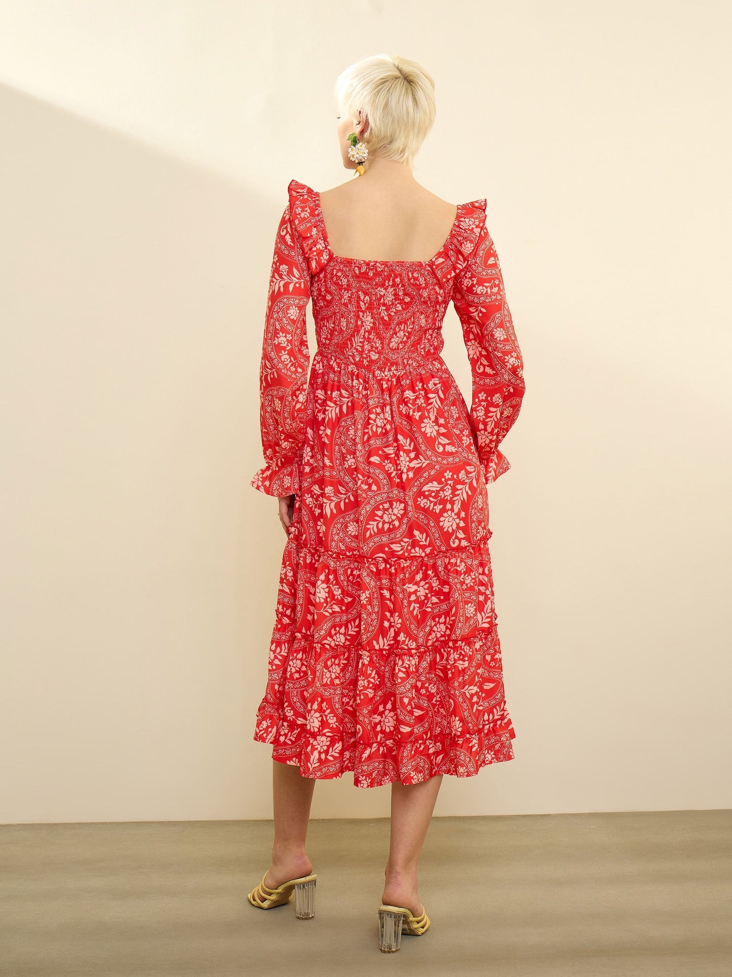 Women Orange Floral Square Neck Midi Dress
