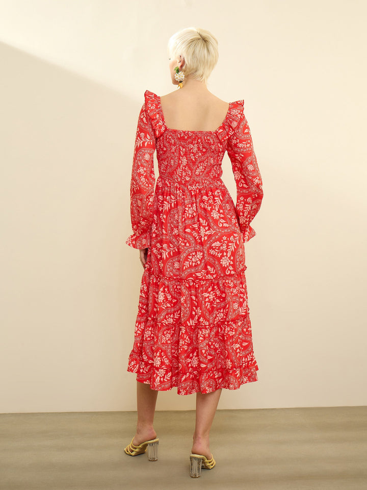Women Orange Floral Square Neck Midi Dress