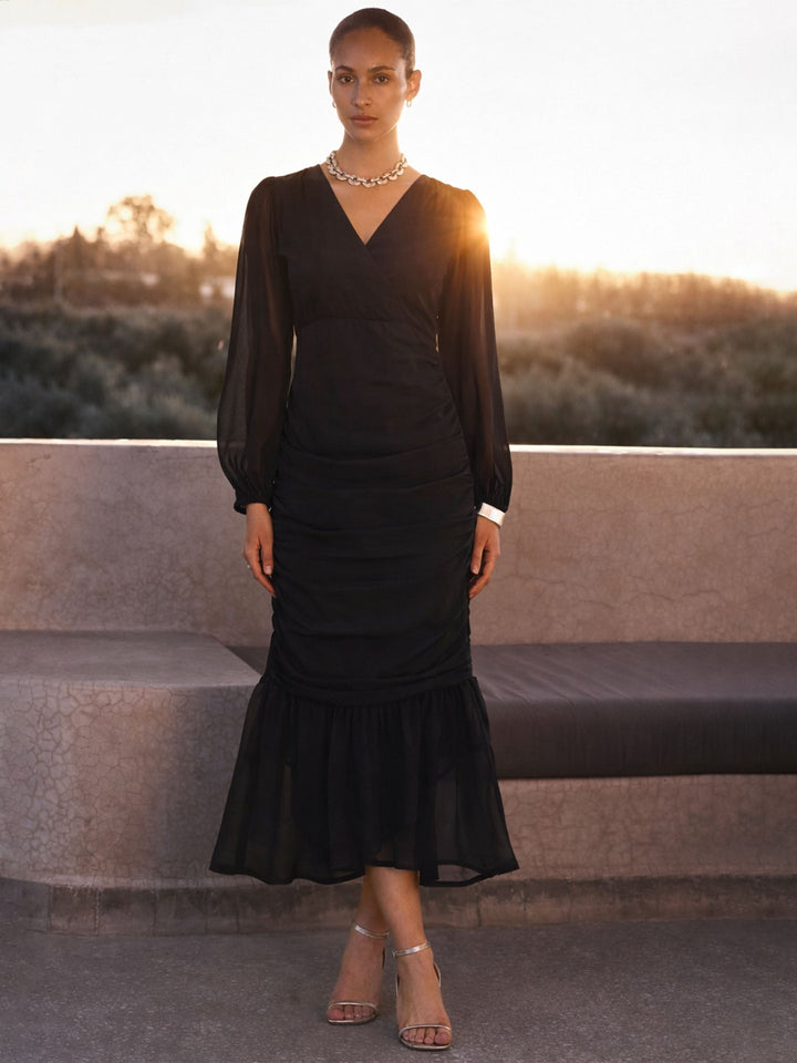 Women Black Solid Cowl Hem Midi Dress