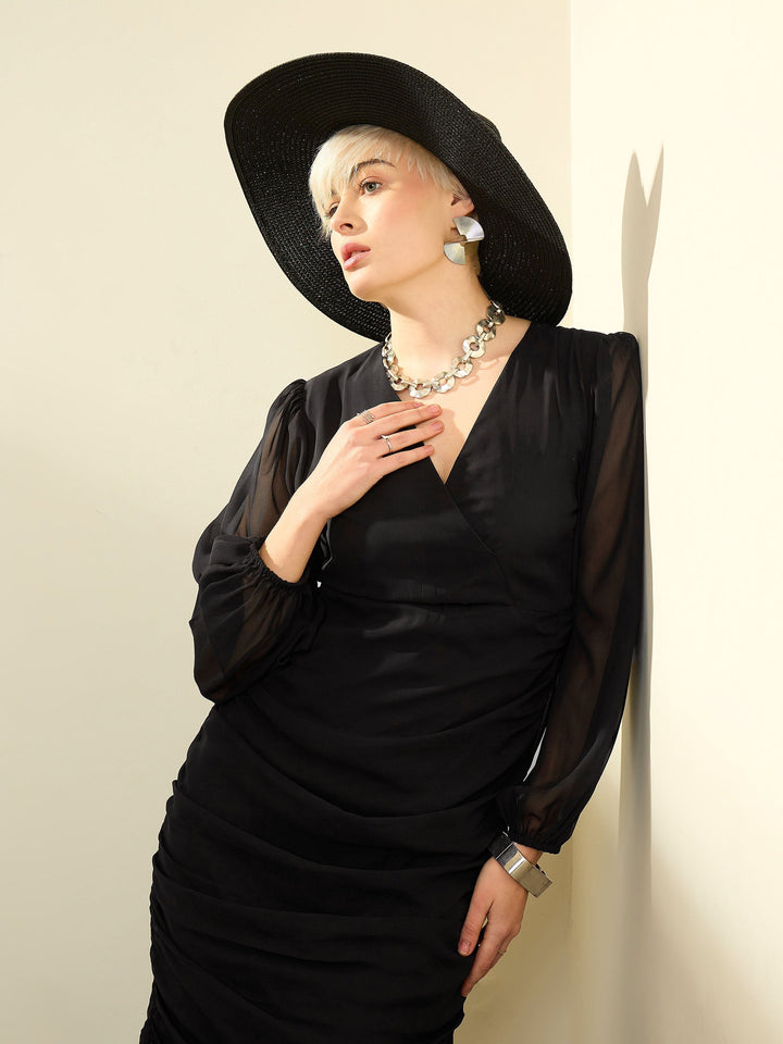 Women Black Solid Cowl Hem Midi Dress