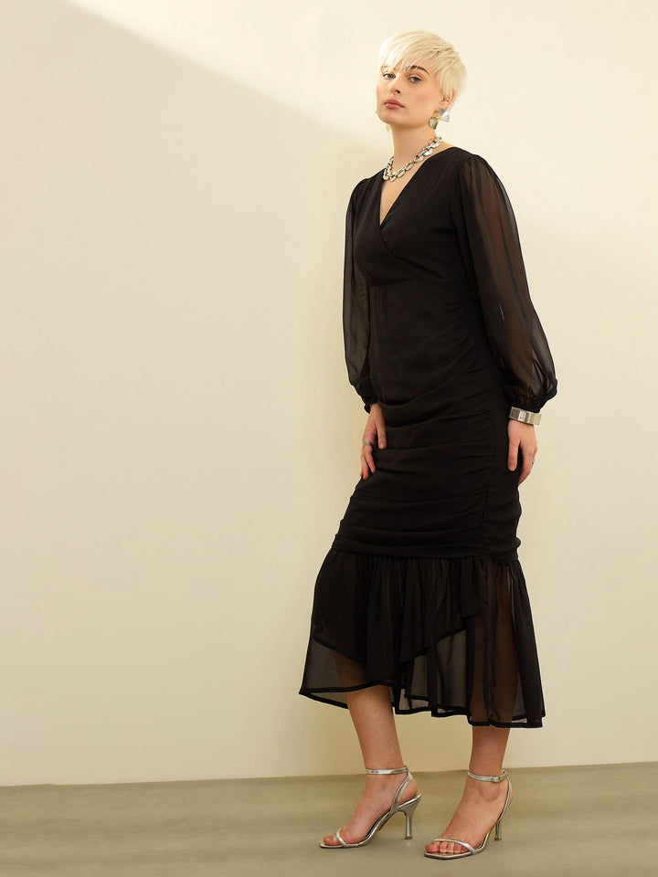 Women Black Solid Cowl Hem Midi Dress