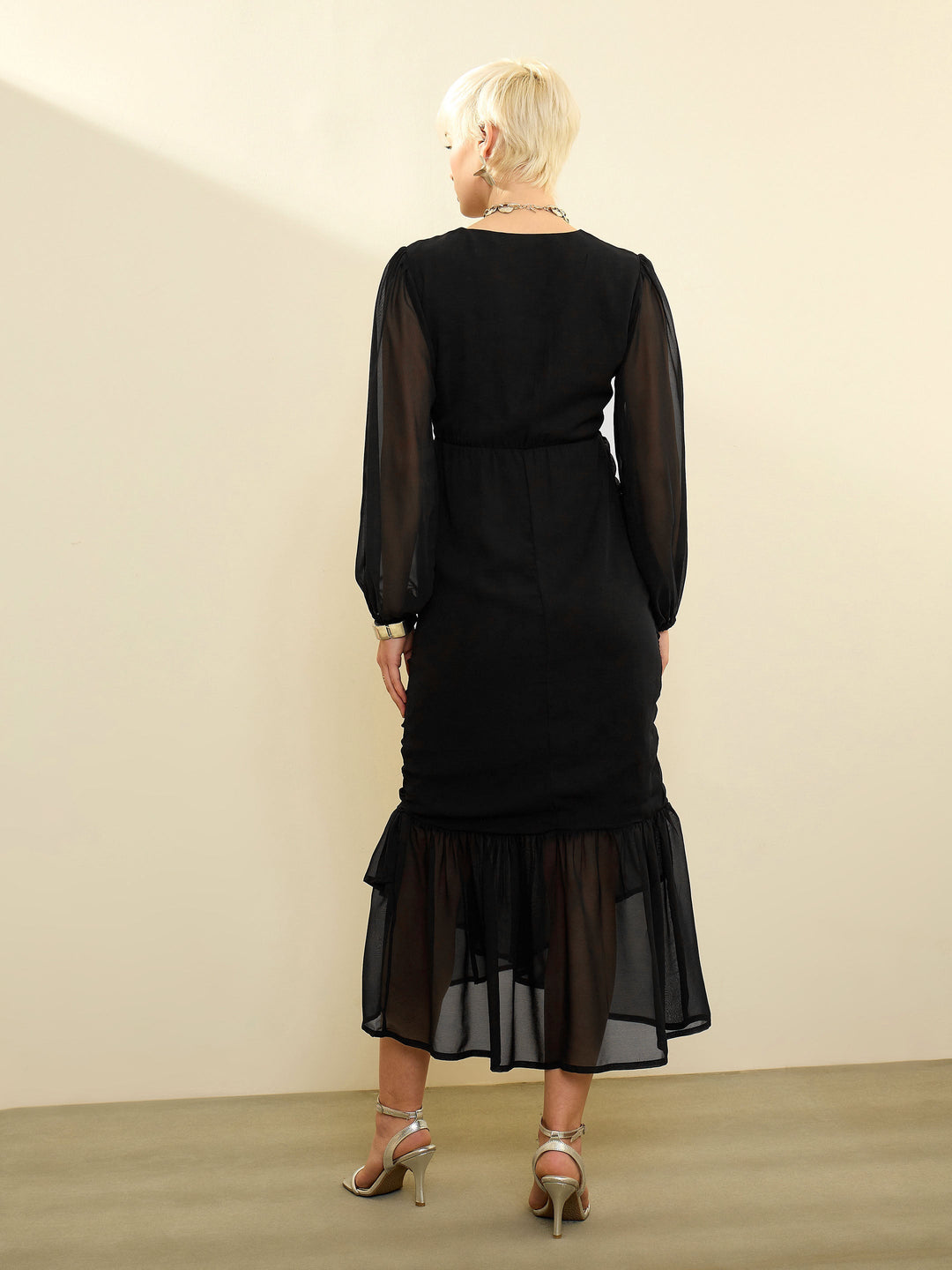 Women Black Solid Cowl Hem Midi Dress