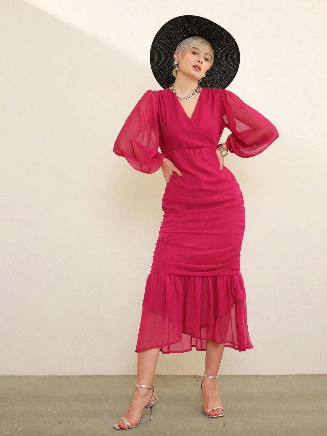 Women Fuchsia Solid Cowl Hem Midi Dress