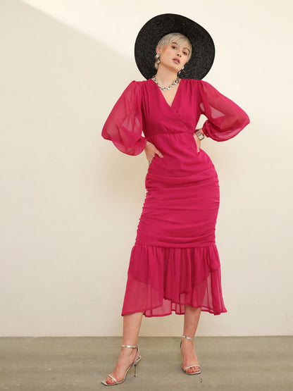Women Fuchsia Solid Cowl Hem Midi Dress
