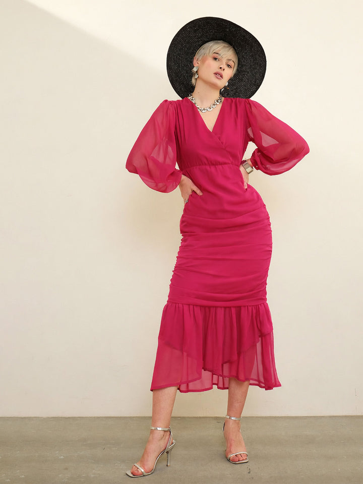 Women Fuchsia Solid Cowl Hem Midi Dress