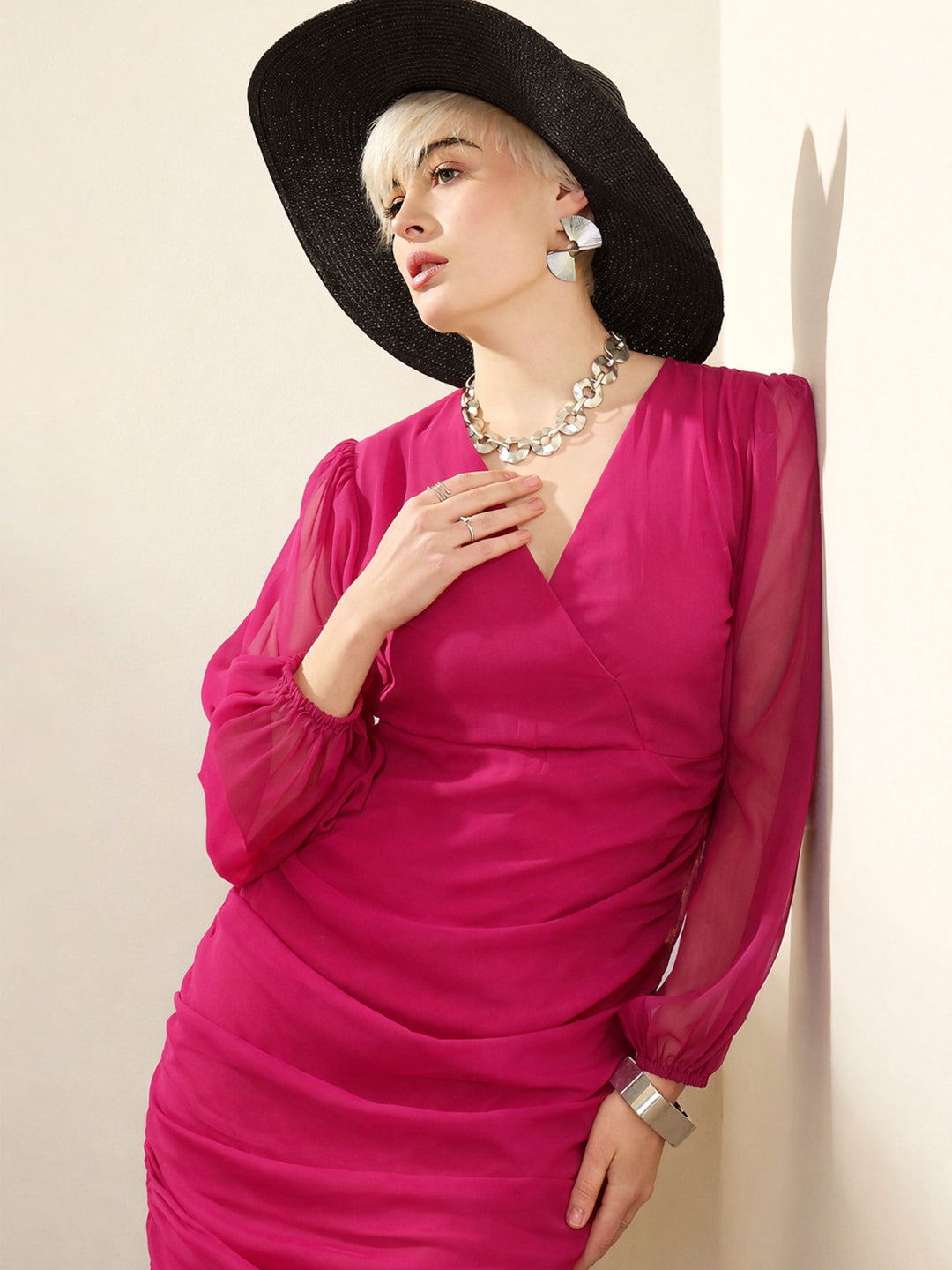 Women Fuchsia Solid Cowl Hem Midi Dress