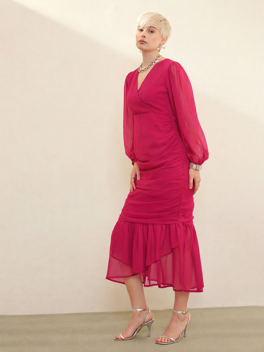 Women Fuchsia Solid Cowl Hem Midi Dress