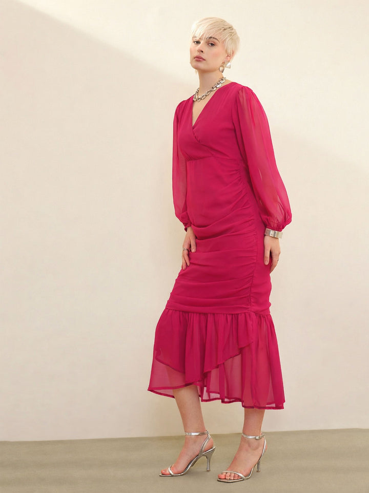 Women Fuchsia Solid Cowl Hem Midi Dress