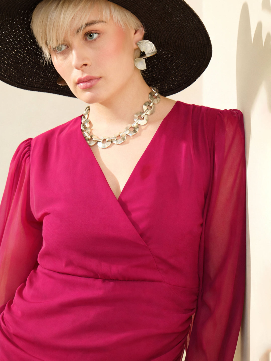 Women Fuchsia Solid Cowl Hem Midi Dress