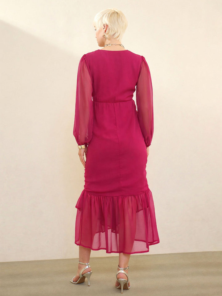 Women Fuchsia Solid Cowl Hem Midi Dress