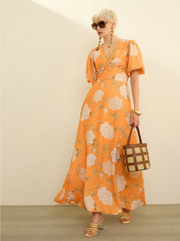Women Mustard Floral Balloon Sleeves Maxi Dress