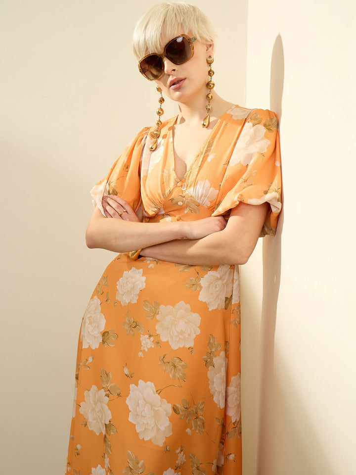 Women Mustard Floral Balloon Sleeves Maxi Dress
