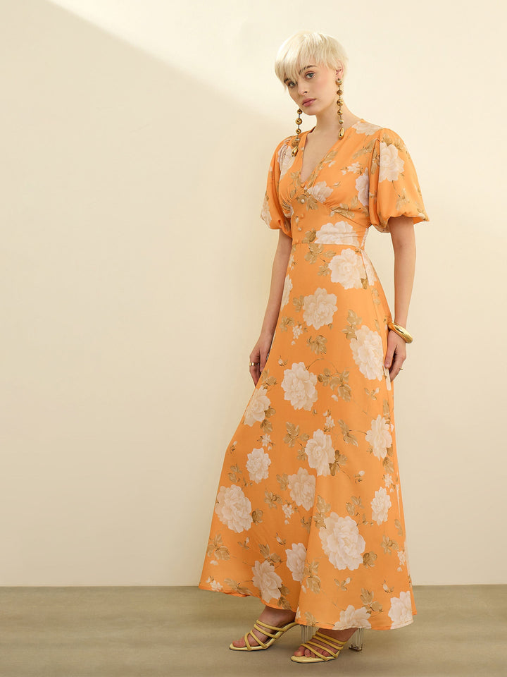 Women Mustard Floral Balloon Sleeves Maxi Dress