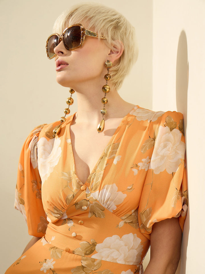 Women Mustard Floral Balloon Sleeves Maxi Dress