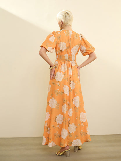 Women Mustard Floral Balloon Sleeves Maxi Dress