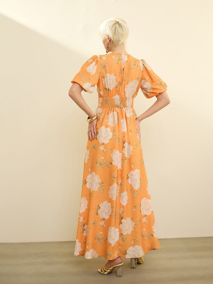 Women Mustard Floral Balloon Sleeves Maxi Dress