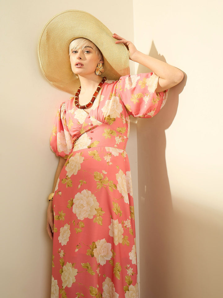 Women Pink Floral Balloon Sleeves Maxi Dress