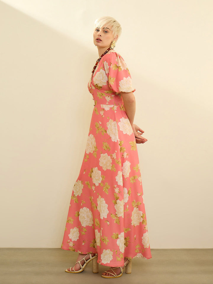 Women Pink Floral Balloon Sleeves Maxi Dress