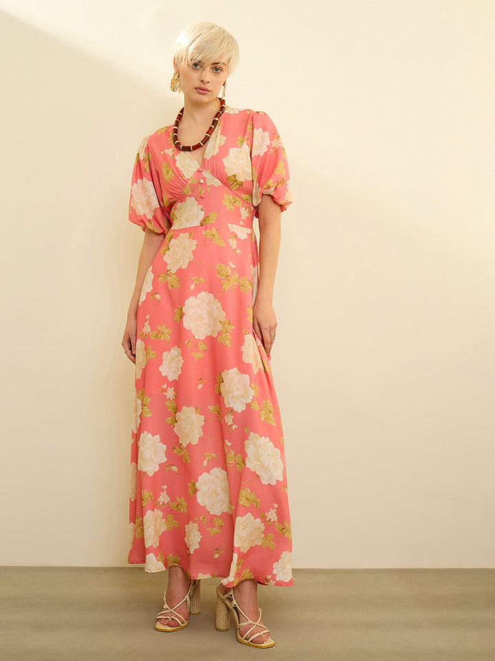 Women Pink Floral Balloon Sleeves Maxi Dress