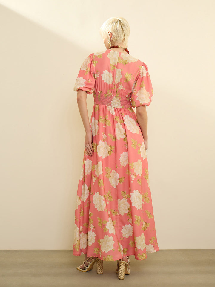 Women Pink Floral Balloon Sleeves Maxi Dress