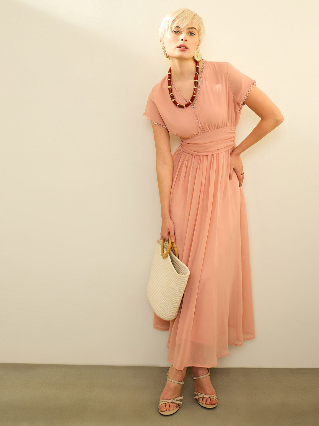 Women Pink Solid Cap Sleeves Maxi Dress