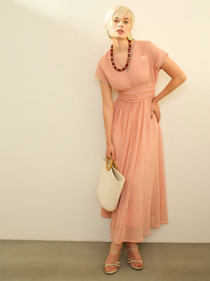 Women Pink Solid Cap Sleeves Maxi Dress